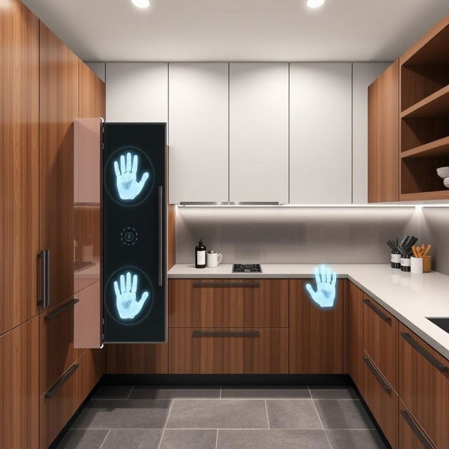 A modern kitchen cabinet featuring a sophisticated hand detection system that can recognize the size of a hand, ensuring that it cannot be opened by a child's hand