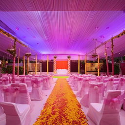 An architecturally stunning, festive marriage hall designed for a land area measuring 45ft in width and 250ft in length, equipped with distinguished seating arrangement, stylish decor, space for a stage, and ample open space for congregation.