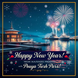 A festive New Year's postal card featuring a stunning winter marine landscape