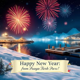 A festive New Year's postal card featuring a stunning winter marine landscape
