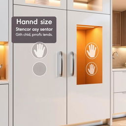 A modern cabinet designed with hand size detection technology, featuring child-proof locks that prevent a child's hand from opening it