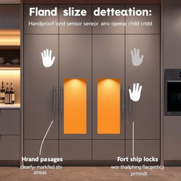 A modern cabinet designed with hand size detection technology, featuring child-proof locks that prevent a child's hand from opening it