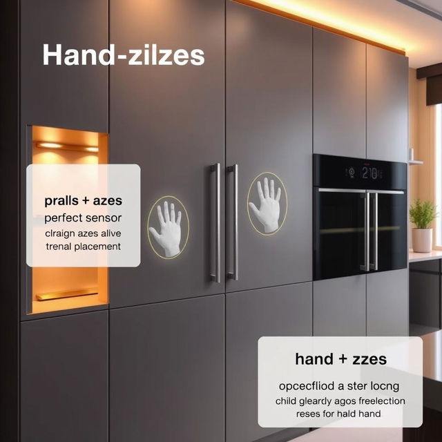 A modern cabinet designed with hand size detection technology, featuring child-proof locks that prevent a child's hand from opening it