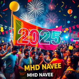A vibrant and colorful scene depicting people from all nations coming together to celebrate the year 2025