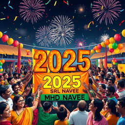 A vibrant and colorful scene depicting people from all nations coming together to celebrate the year 2025