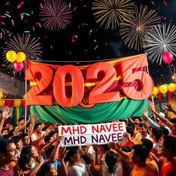A vibrant and colorful scene depicting people from all nations coming together to celebrate the year 2025