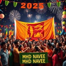 A vibrant and colorful scene depicting people from all nations coming together to celebrate the year 2025