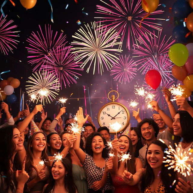 A festive New Year's celebration scene, featuring a joyful crowd celebrating under colorful fireworks in the night sky