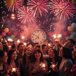 A festive New Year's celebration scene, featuring a joyful crowd celebrating under colorful fireworks in the night sky