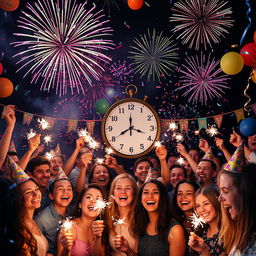 A festive New Year's celebration scene, featuring a joyful crowd celebrating under colorful fireworks in the night sky