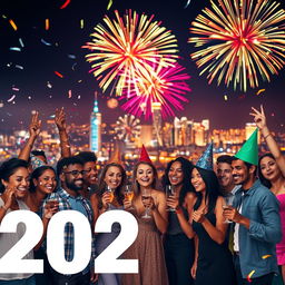 A vibrant and colorful New Year's celebration scene set in 2025