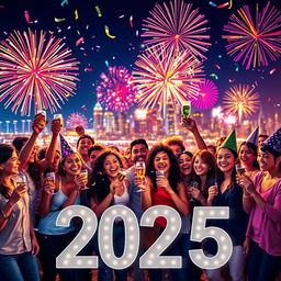 A vibrant and colorful New Year's celebration scene set in 2025
