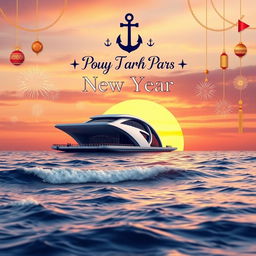 A festive and elegant New Year's postal card design that highlights the essence of a marine structure design company named 'Pouya Tarh Pars'