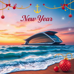 A festive and elegant New Year's postal card design that highlights the essence of a marine structure design company named 'Pouya Tarh Pars'