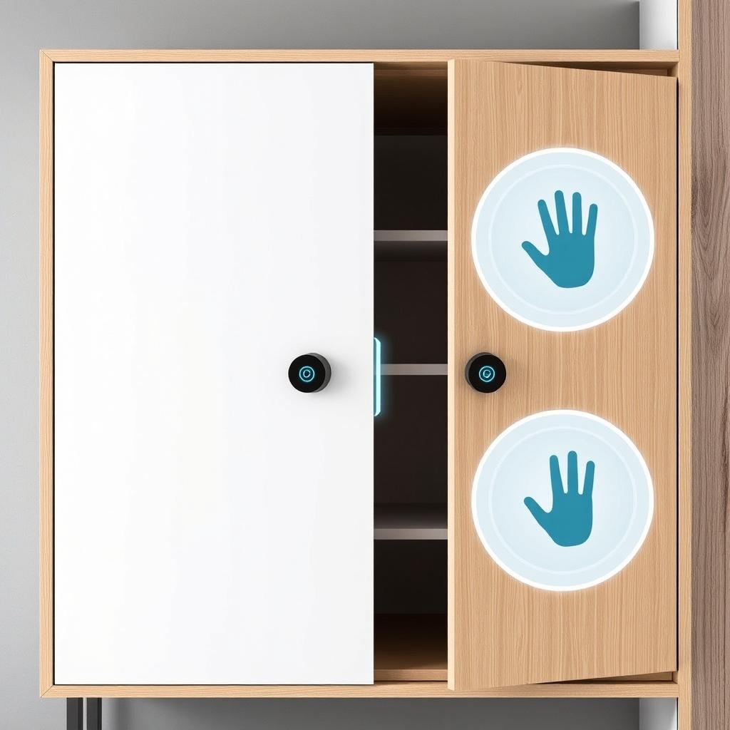 A modern cabinet designed with hand size detection technology, ensuring it cannot be opened by a child's hand