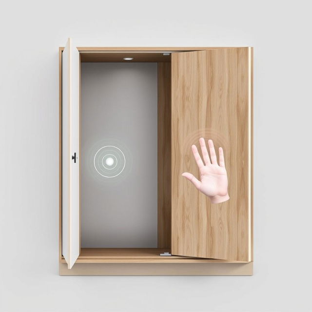 A modern cabinet designed with hand size detection technology, ensuring it cannot be opened by a child's hand