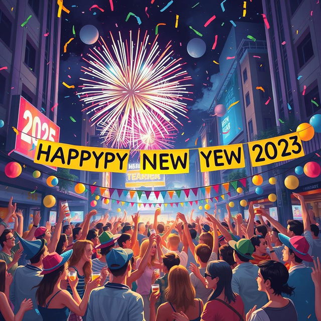 A vibrant and festive New Year's celebration scene depicting a lively urban setting at midnight, with fireworks lighting up the sky in a colorful explosion