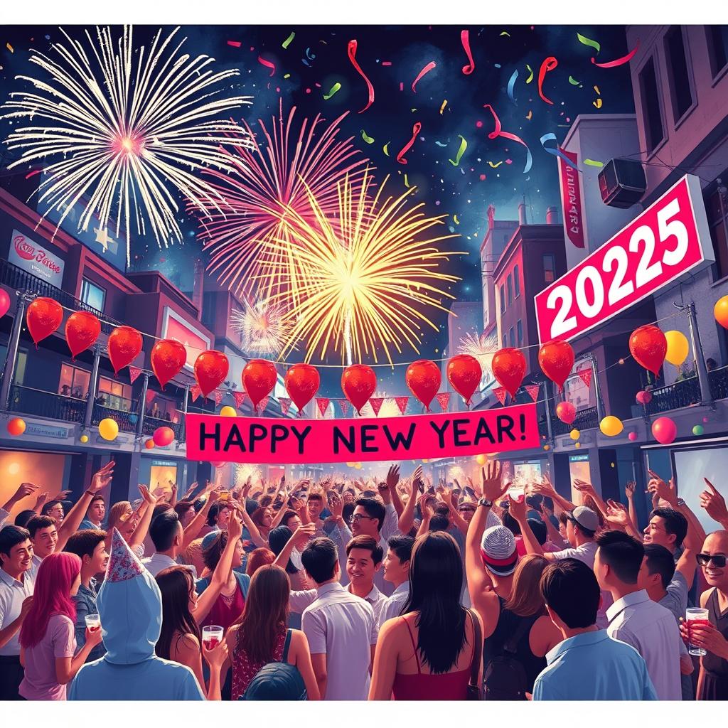 A vibrant and festive New Year's celebration scene depicting a lively urban setting at midnight, with fireworks lighting up the sky in a colorful explosion