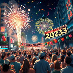 A vibrant and festive New Year's celebration scene depicting a lively urban setting at midnight, with fireworks lighting up the sky in a colorful explosion