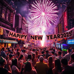 A vibrant and festive New Year's celebration scene depicting a lively urban setting at midnight, with fireworks lighting up the sky in a colorful explosion