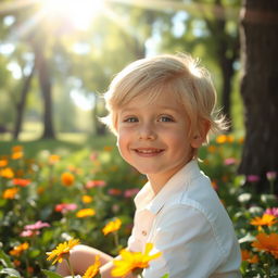 A beautiful young boy with striking features, soft golden hair shining under the sunlight, wearing a white shirt