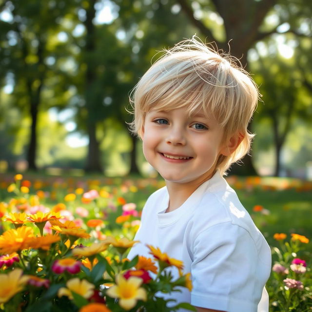 A beautiful young boy with striking features, soft golden hair shining under the sunlight, wearing a white shirt