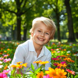 A beautiful young boy with striking features, soft golden hair shining under the sunlight, wearing a white shirt