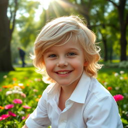 A beautiful young boy with striking features, soft golden hair shining under the sunlight, wearing a white shirt