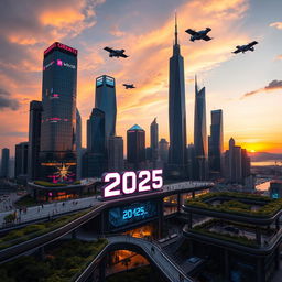 A futuristic city skyline at dusk, showcasing stunning skyscrapers illuminated with neon lights and flying cars in the sky