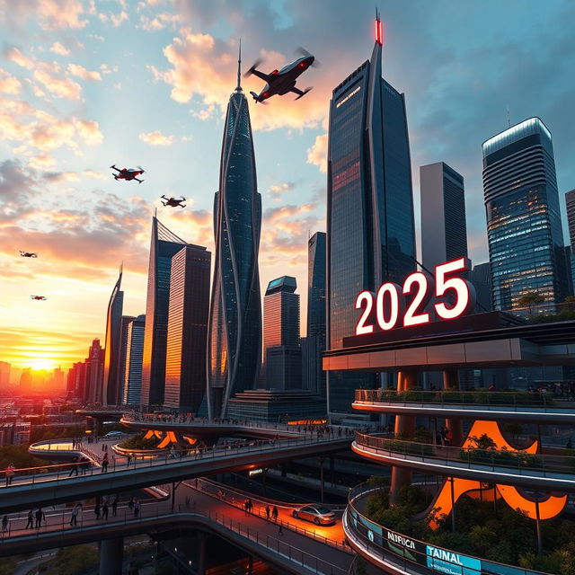 A futuristic city skyline at dusk, showcasing stunning skyscrapers illuminated with neon lights and flying cars in the sky