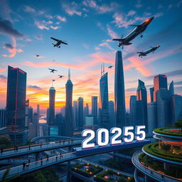 A futuristic city skyline at dusk, showcasing stunning skyscrapers illuminated with neon lights and flying cars in the sky