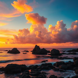 A stunning landscape featuring a vibrant sunset over a calm ocean, with large, magnificent clouds reflecting the colorful hues of orange, pink, and purple