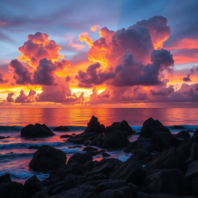 A stunning landscape featuring a vibrant sunset over a calm ocean, with large, magnificent clouds reflecting the colorful hues of orange, pink, and purple