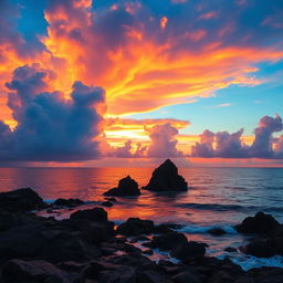 A stunning landscape featuring a vibrant sunset over a calm ocean, with large, magnificent clouds reflecting the colorful hues of orange, pink, and purple