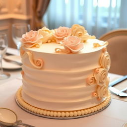 A luxurious cream cake beautifully decorated with intricate pastry designs such as delicate flowers and elegant swirls