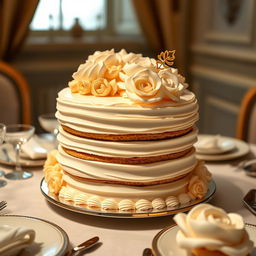 A luxurious cream cake beautifully decorated with intricate pastry designs such as delicate flowers and elegant swirls