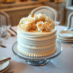 A luxurious cream cake beautifully decorated with intricate pastry designs such as delicate flowers and elegant swirls