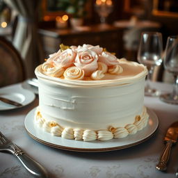 A luxurious cream cake beautifully decorated with intricate pastry designs such as delicate flowers and elegant swirls