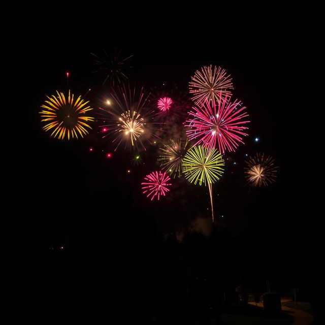 A vibrant night sky filled with colorful fireworks bursting in various shapes and sizes, illuminating the dark backdrop