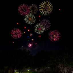 A vibrant night sky filled with colorful fireworks bursting in various shapes and sizes, illuminating the dark backdrop