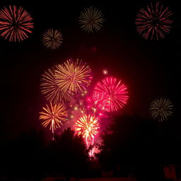 A vibrant night sky filled with colorful fireworks bursting in various shapes and sizes, illuminating the dark backdrop