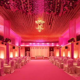 An architecturally stunning, festive marriage hall designed for a land area measuring 45ft in width and 250ft in length, equipped with distinguished seating arrangement, stylish decor, space for a stage, and ample open space for congregation.