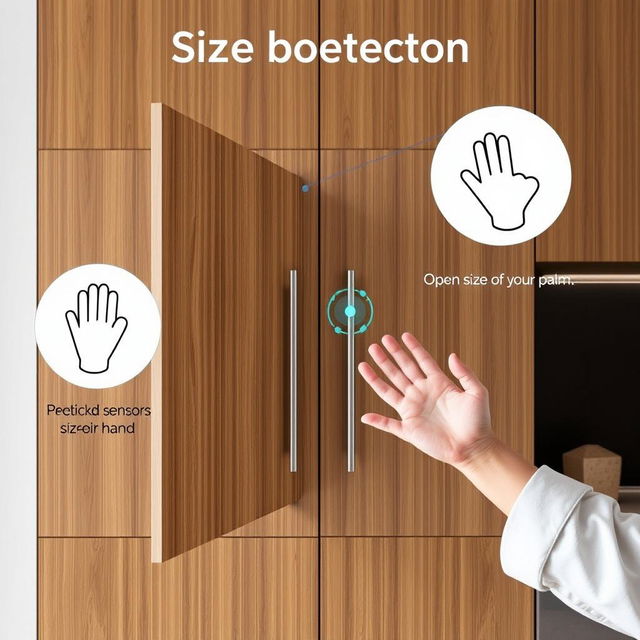 A modern cabinet designed with size detection technology for hands, featuring specialized sensors that measure the size of palms