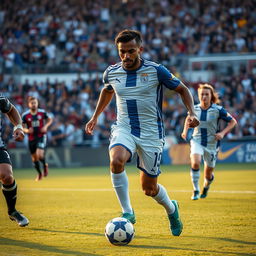 A talented football player in an intense match, showcasing skill and athleticism