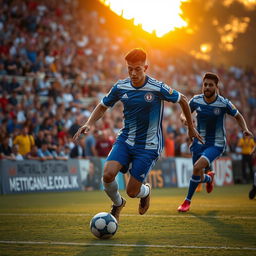 A talented football player in an intense match, showcasing skill and athleticism