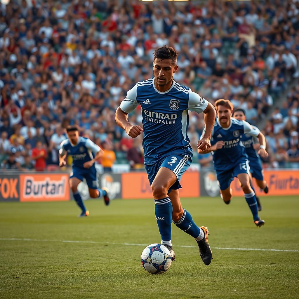 A talented football player in an intense match, showcasing skill and athleticism