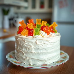 A delicious looking cream cake adorned with colorful gummy bear candies on top, showcasing a fluffy texture and layers of cream