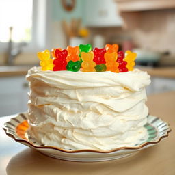 A delicious looking cream cake adorned with colorful gummy bear candies on top, showcasing a fluffy texture and layers of cream