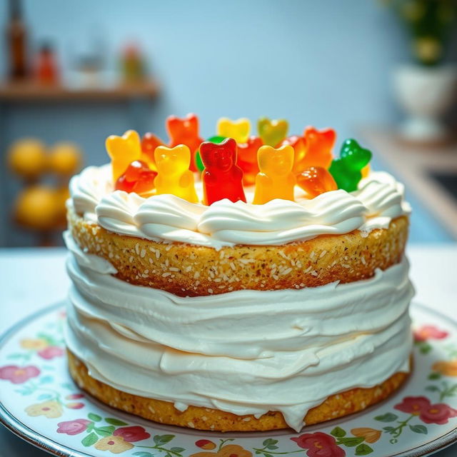 A delicious looking cream cake adorned with colorful gummy bear candies on top, showcasing a fluffy texture and layers of cream