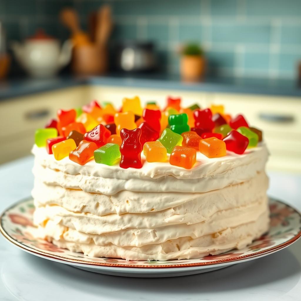 A delicious looking cream cake adorned with colorful gummy bear candies on top, showcasing a fluffy texture and layers of cream